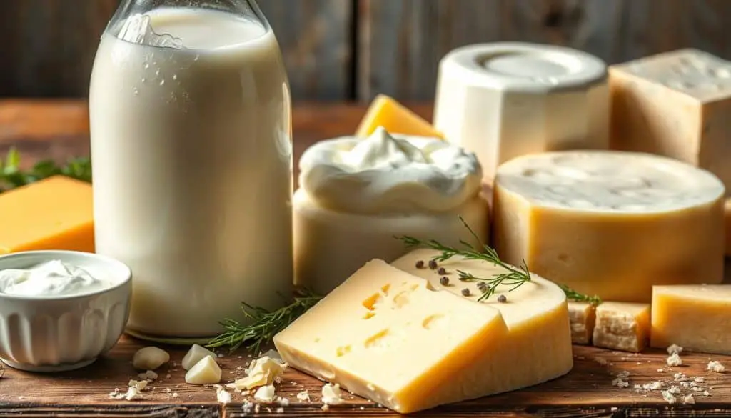 A vibrant arrangement of various dairy products, including fresh milk, creamy cheese wheels, rich yogurt, and a block of butter, all displayed on a rustic wooden table. Soft natural lighting highlights the textures, with condensation on the cold milk jug and a sprinkle of herbs around the cheese.