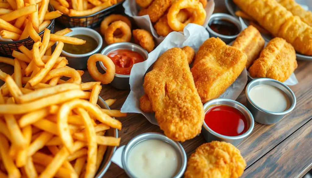 A vibrant assortment of crispy fried foods, including golden French fries, crunchy onion rings, and perfectly battered fish fillets, arranged artfully on a rustic wooden table, with a selection of colorful dipping sauces in small bowls, natural light highlighting the textures and glistening surfaces of the food.