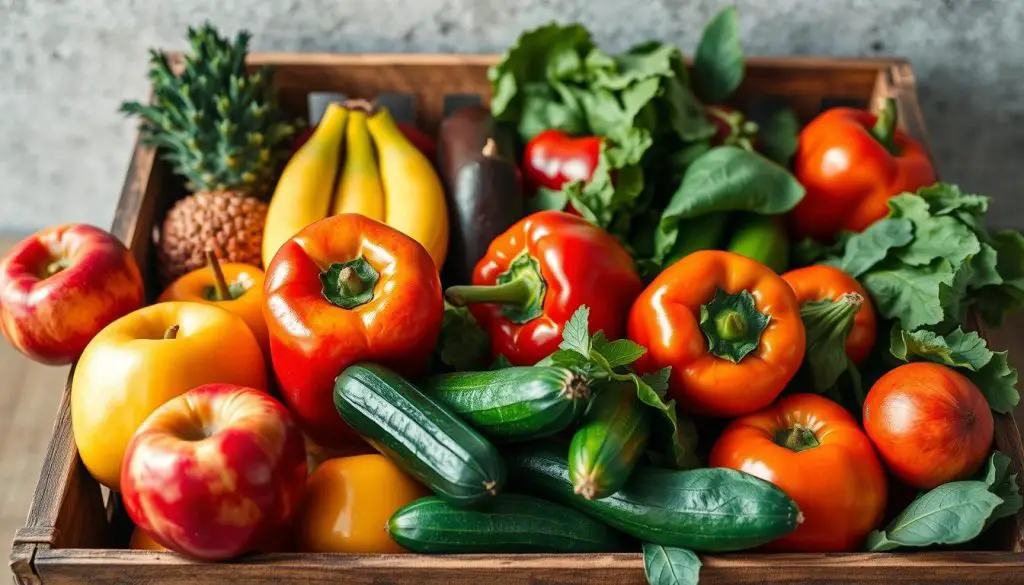 A vibrant and colorful assortment of fresh fruits and vegetables displayed in a rustic wooden crate, showcasing glossy apples, ripe bananas, shiny bell peppers, crisp cucumbers, and leafy greens, illuminated by soft natural light against a textured background.