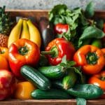 A vibrant and colorful assortment of fresh fruits and vegetables displayed in a rustic wooden crate, showcasing glossy apples, ripe bananas, shiny bell peppers, crisp cucumbers, and leafy greens, illuminated by soft natural light against a textured background.