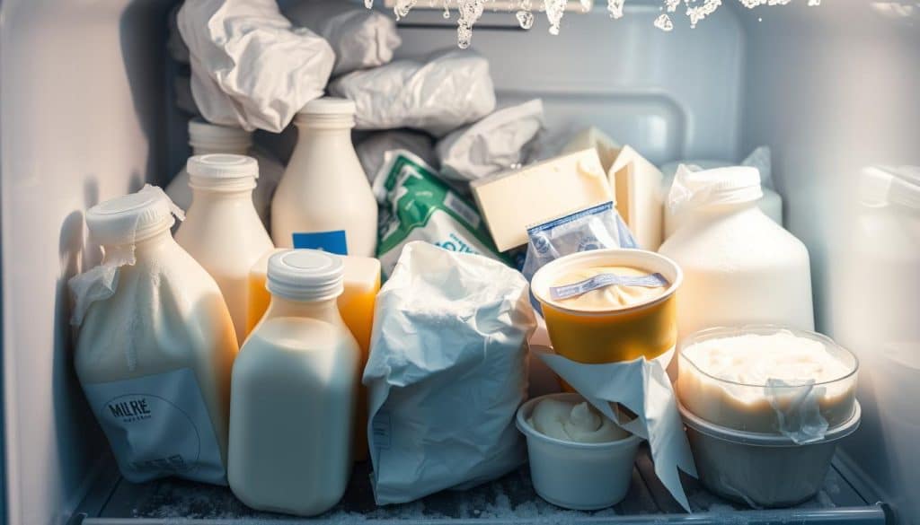 A refrigerator freezer filled with various dairy products, including milk, cheese, yogurt, and cream, all frozen in their packaging. The scene captures the texture of frost on the packaging, while some items appear slightly warped or separated due to freezing. The color palette features icy blues and whites contrasting with the creamy yellows and whites of the dairy products. Soft light highlights the condensation on the inside of the freezer door, creating a chilly atmosphere