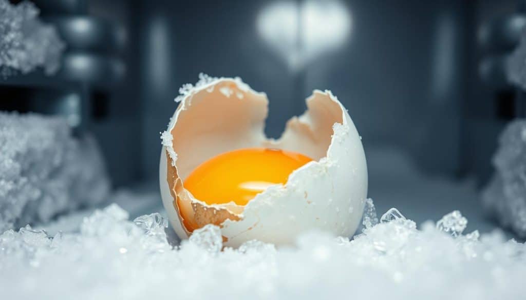 A visually striking scene of a cracked egg partially submerged in frost, surrounded by delicate ice crystals, emphasizing the contrast between the warm yellow yolk and the cold icy environment. The background features a blurred freezer interior with frost-covered surfaces, creating an ethereal wintry atmosphere.