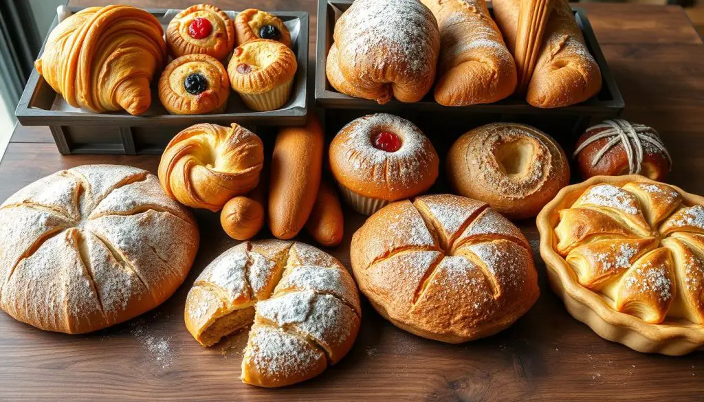 An assortment of freshly baked goods displayed on a rustic wooden table, featuring golden-brown croissants, fluffy muffins with vibrant fruit toppings, a variety of artisanal breads with distinct crusts, delicate pastries dusted with powdered sugar, and a pie with a perfectly fluted crust, all arranged attractively with a soft natural light illuminating their textures and colors.