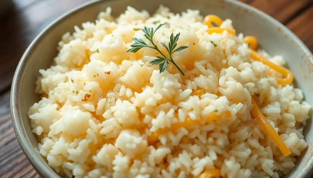 A close-up of a steaming bowl of fluffy cooked rice and golden pasta, beautifully arranged, with subtle textures highlighting their grains and curves, garnished with fresh herbs, set on a rustic wooden table, soft natural lighting enhancing the warmth and inviting feel of the scene.