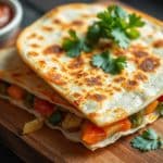 A freshly made quesadilla, golden brown and crispy, filled with melted cheese and colorful vegetables, placed on a rustic wooden cutting board, garnished with fresh cilantro and served with a side of salsa and sour cream, soft natural lighting highlighting the textures.