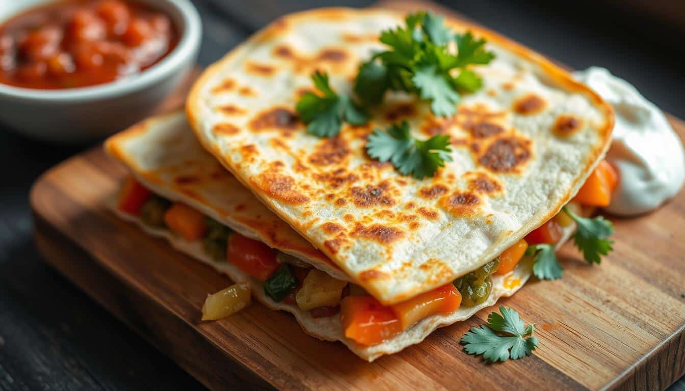 A freshly made quesadilla, golden brown and crispy, filled with melted cheese and colorful vegetables, placed on a rustic wooden cutting board, garnished with fresh cilantro and served with a side of salsa and sour cream, soft natural lighting highlighting the textures.